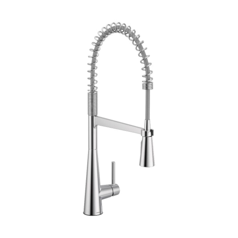Moen® 5925 Sleek™ Pre-Rinse Spring Pulldown Kitchen Faucet, 1.5 gpm Flow Rate, Polished Chrome, 1 Handle, 1 or 3 Faucet Holes, Domestic