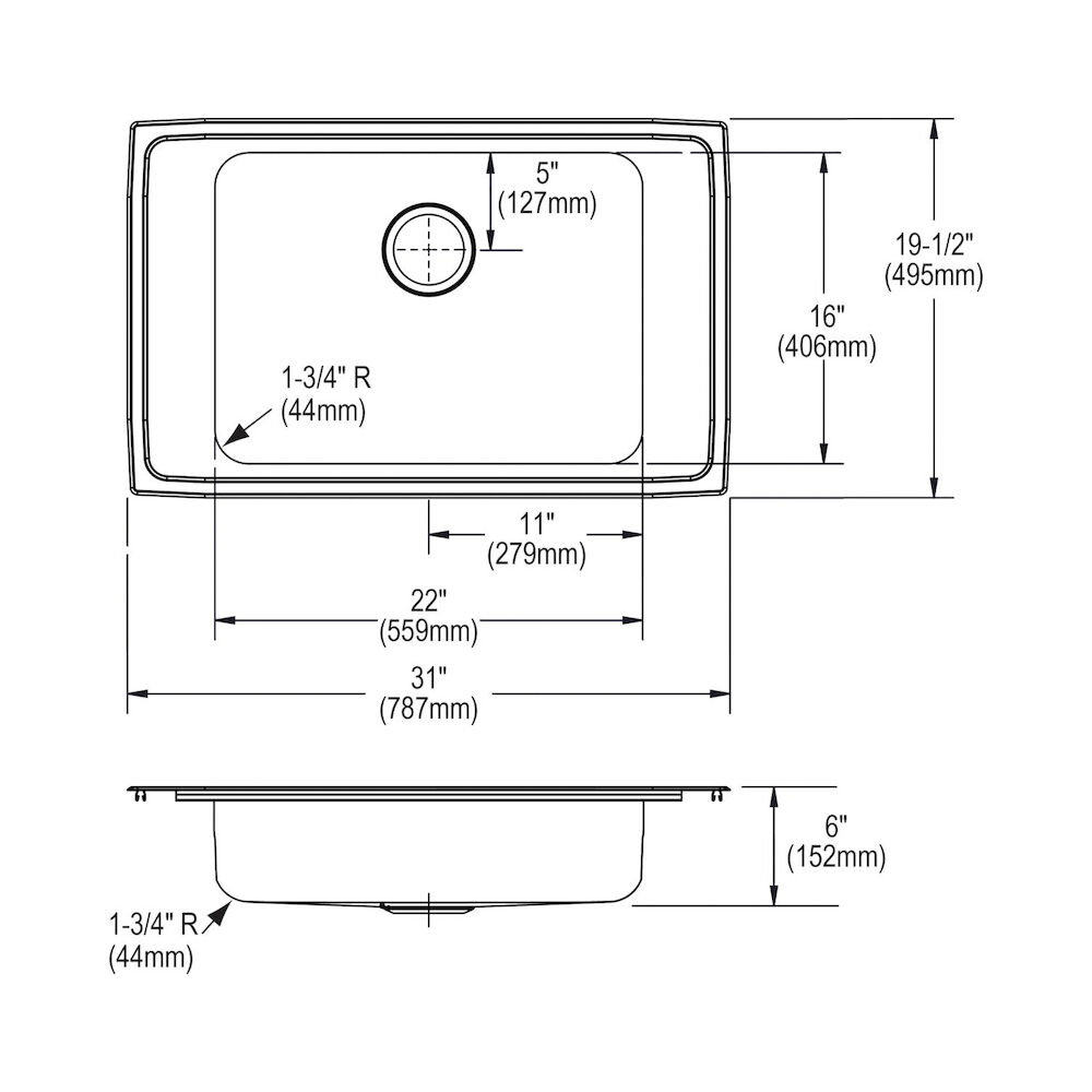 DRKAD3119600 Classroom Sink, Rectangular, 19-1/2" Wx6" H, Top Mount, 304 Stainless Steel, Lustertone