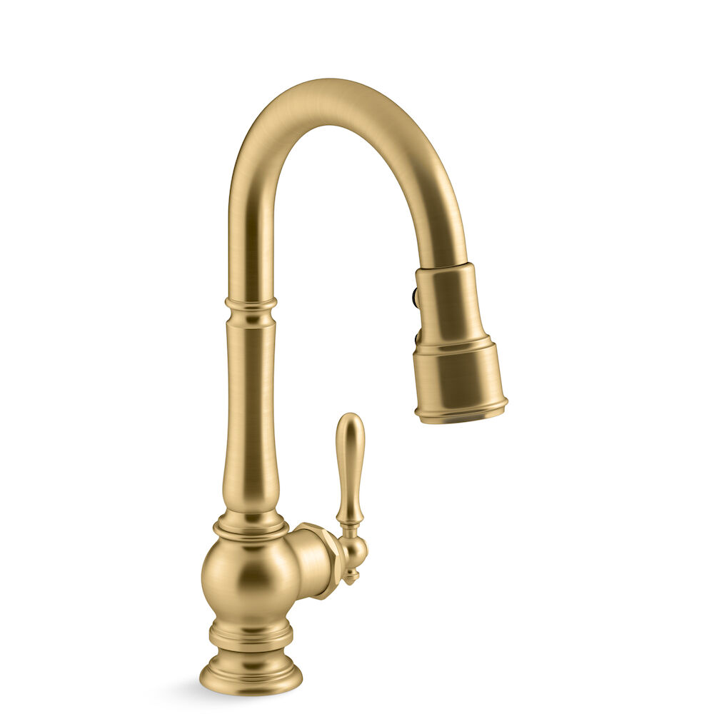 Kohler® 99261-2MB Single-hole Kitchen Faucet with 16" Pull-Down Spout and Turned Lever Handle, Brushed Brass