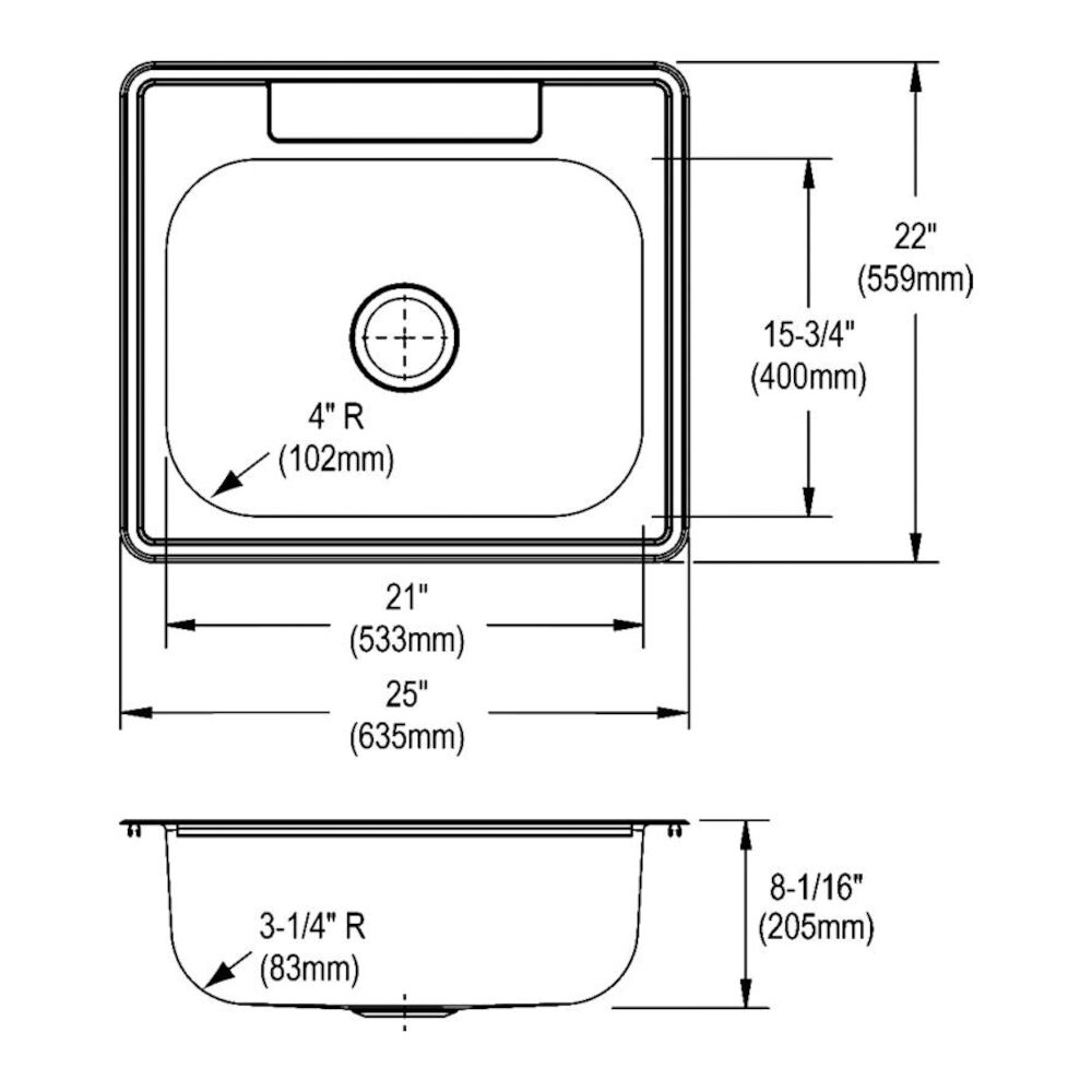 DSEW40125223 25" Dayton® Single Bowl Drop-In Kitchen Sink, 3 Faucet Holes, Elite Satin Stainless Steel