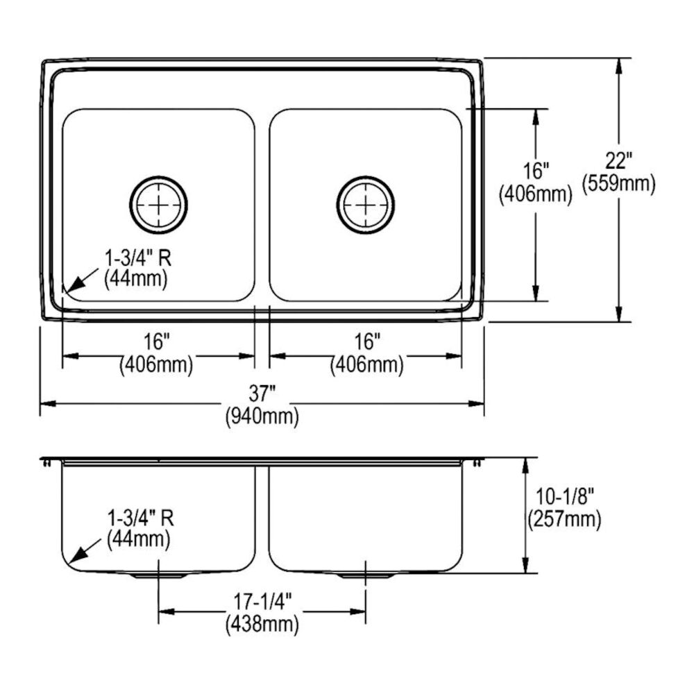 DLR372210MR2 37" Equal Double Bowl Drop-In Kitchen Sink, MR2 Faucet Holes, Lustertone Stainless Steel
