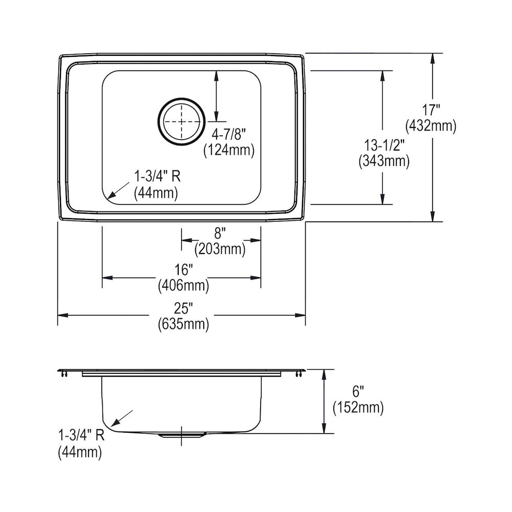 DRKAD2517600 Classroom Sink, Rectangular, 17" Wx6" H, Top Mount, 304 Stainless Steel, Lustertone