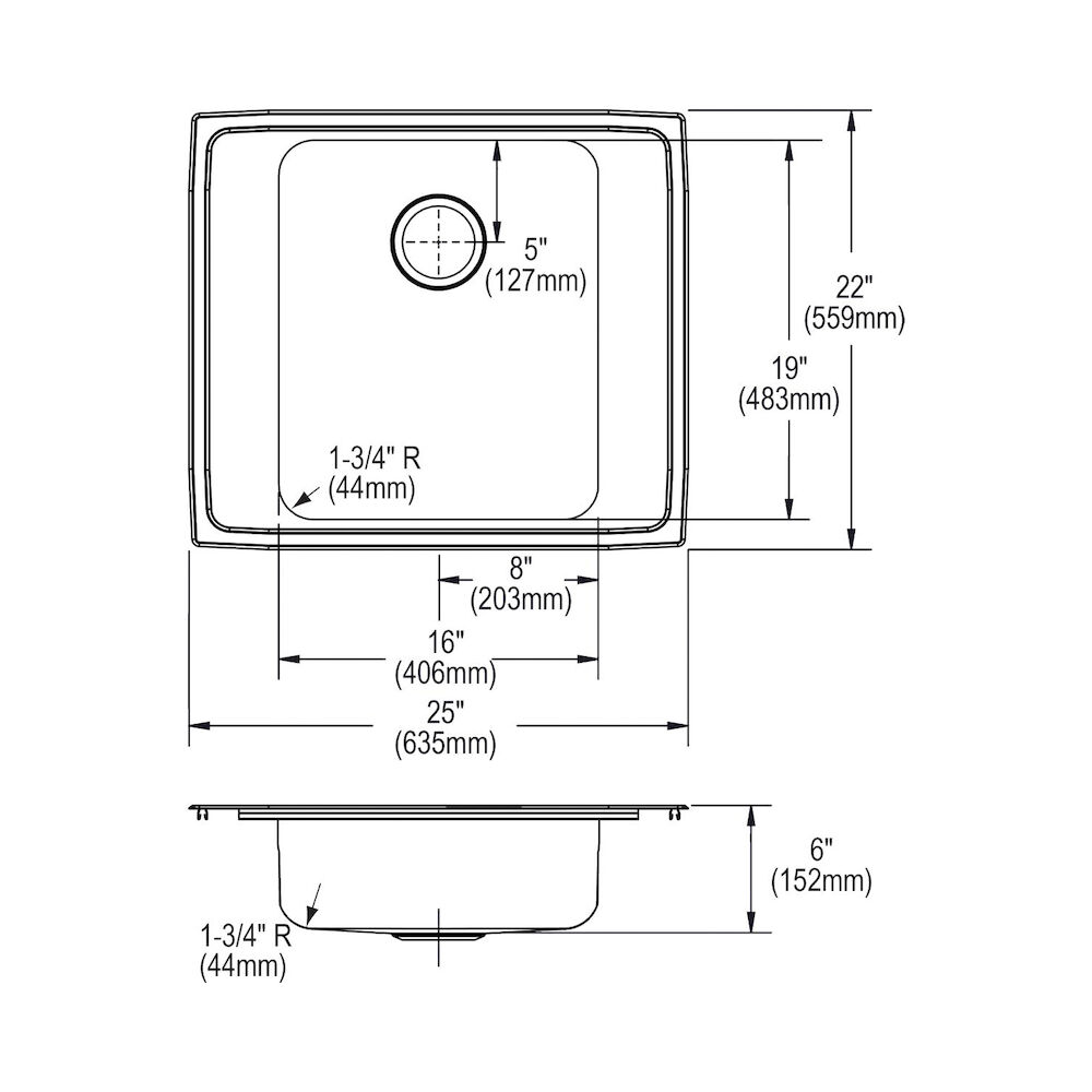 DRKAD2522600 Classroom Sink, Rectangular, 22" Wx6" H, Top Mount, 304 Stainless Steel, Lustertone