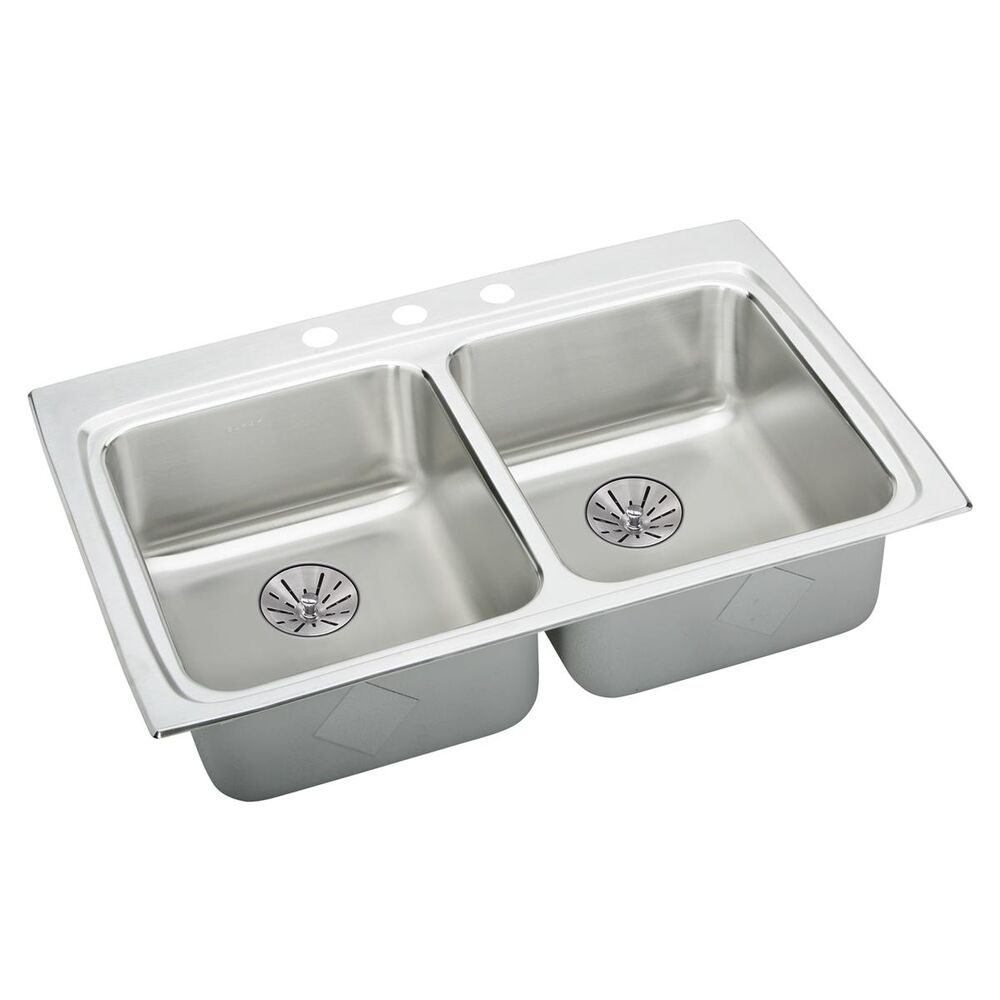 LRADQ332265PD3 Elkay 33" ADA Sink w/ Quick Clip and Perfect Drain, Lustertone Classic, Rectangular, 3 Faucet Holes, Equal Double Bowl, Drop-In, Stainless Steel, Lustrous Satin