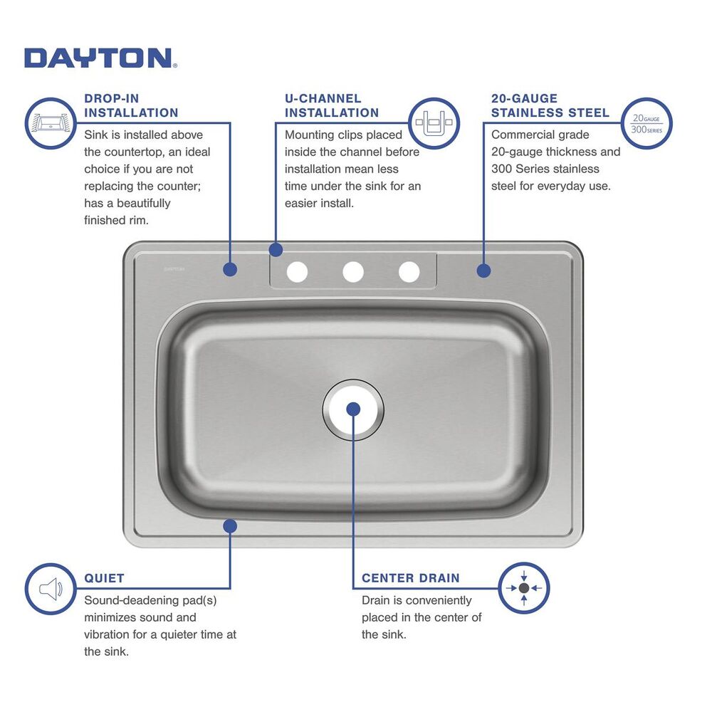 DSE133223 Dayton 33" Kitchen Sink, Rectangular, 3 Faucet Holes, Single Bowl, Drop-In, Stainless Steel, Elite Satin