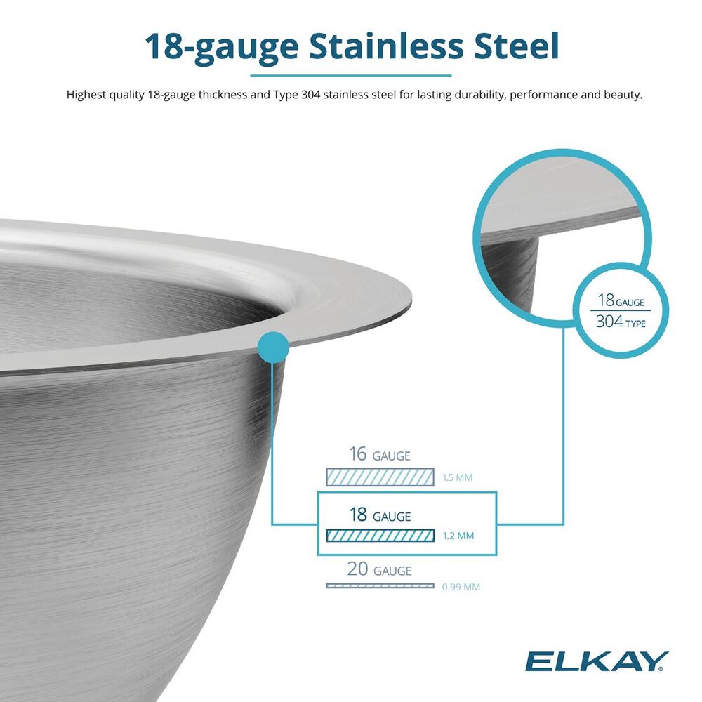 ELUH12 Elkay 14-3/8" Bathroom Sink, Asana, Round, 0 Faucet Holes, Single Bowl, Undermount, Stainless Steel, Lustrous Satin