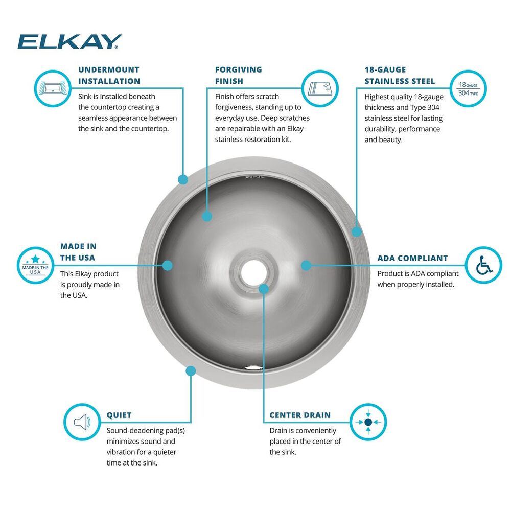 ELUH12LV Elkay 14-3/8" Bathroom Sink with Overflow, Asana, Round, 0 Faucet Holes, Single Bowl, Undermount, Stainless Steel, Lustrous Satin