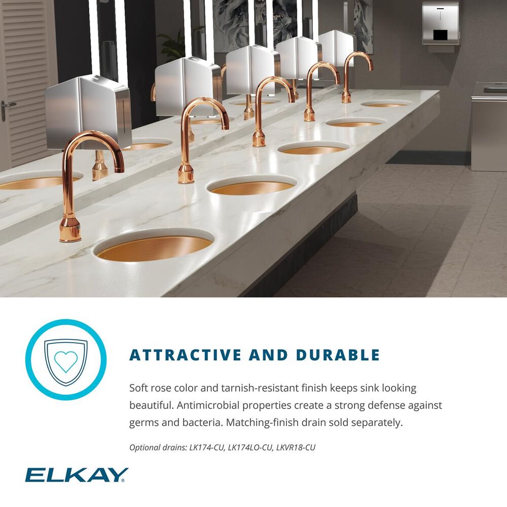 ELUH12LVCU Elkay 14-3/8" Bathroom Sink, CuVerro, Round, 0 Faucet Holes, Single Bowl, Undermount, Antimicrobial Copper, Lustrous Satin