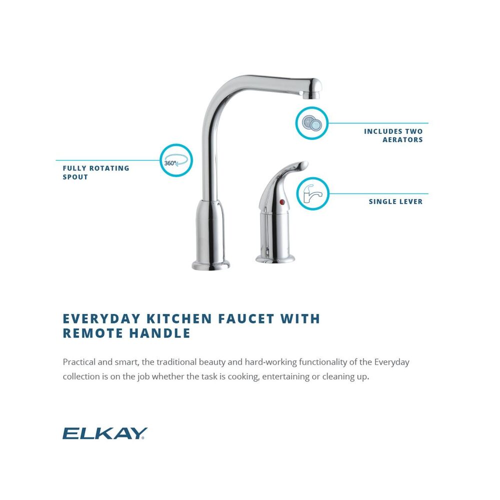 LK3000CR Elkay Everyday Kitchen Faucet with Remote Lever Handle, ADA Compliant, 1.5 GPM, 2 Hole, Deck Mount, 360 Degree Standard Spout, Brass, Chrome Finish