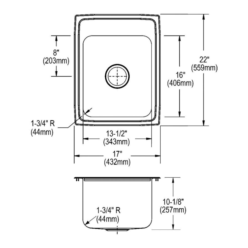 DLR1722103 17" Kitchen Sink, Classic, Rectangular, 3 Faucet Holes, Top Mount, Stainless Steel, Lustertone