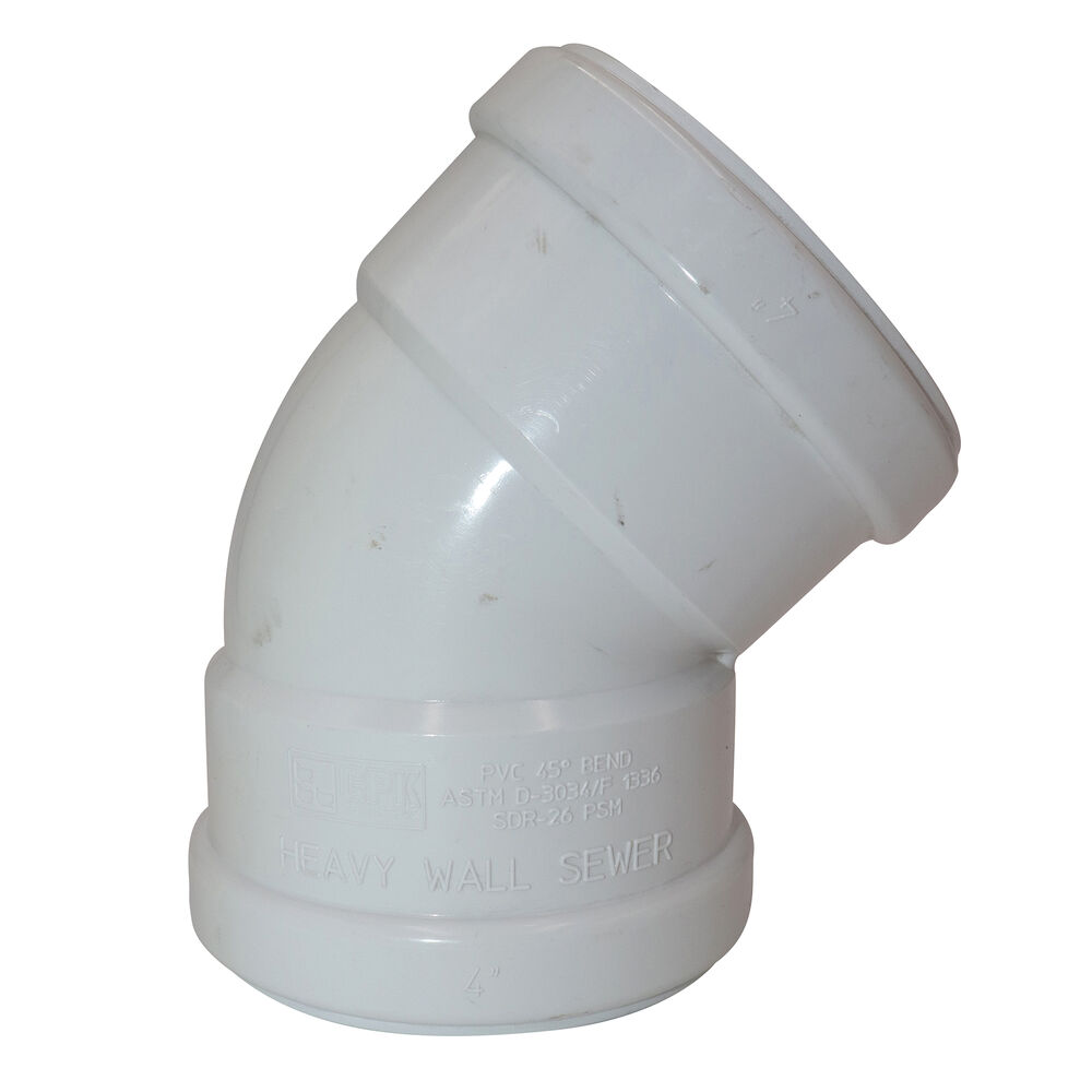 921-0004 Heavy Wall Sewer Elbow, 4", 45 deg, Gasket, SDR 26, PVC