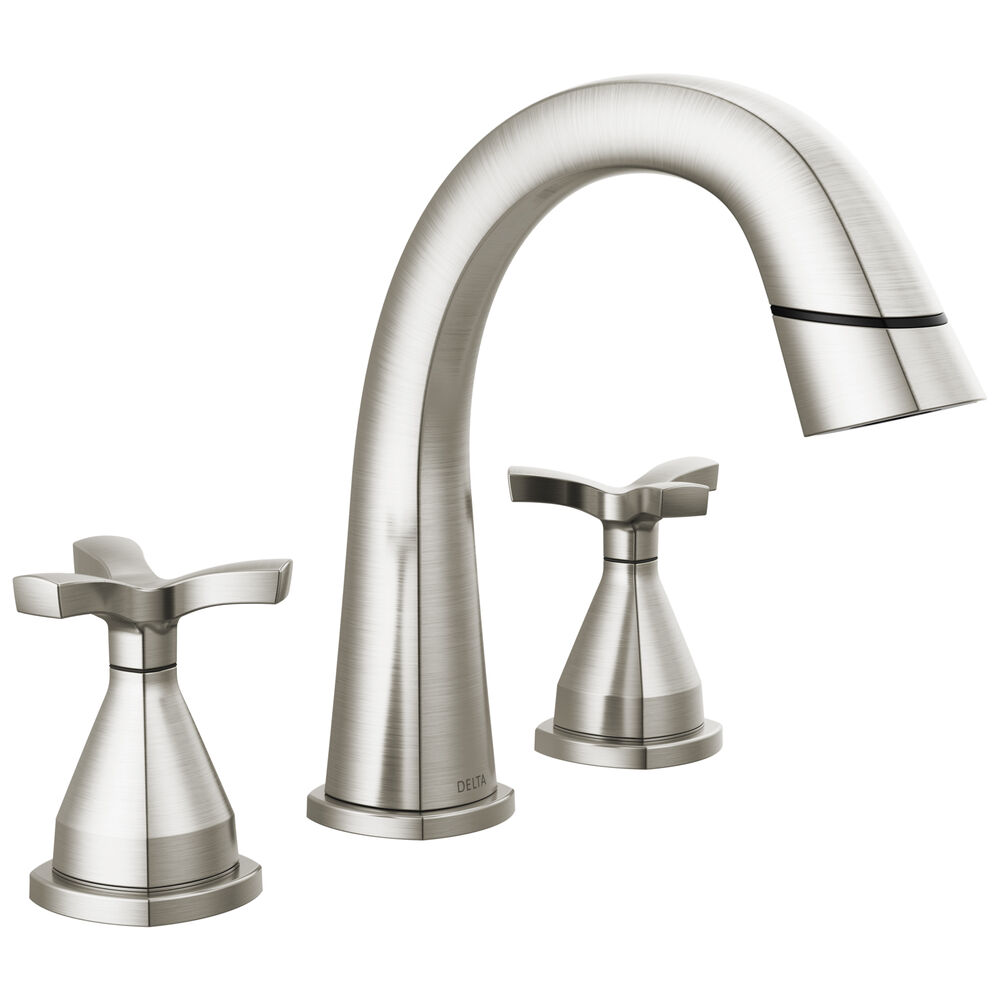 DELTA® 357756-SSPD-PR-DST Stryke® Widespread Bathroom Faucet, 1.2 gpm, 4-9/16" H Spout, 4 to 16" Center, 2 Handles, Metal Push Pop-Up Drain, Lumicoat Stainless