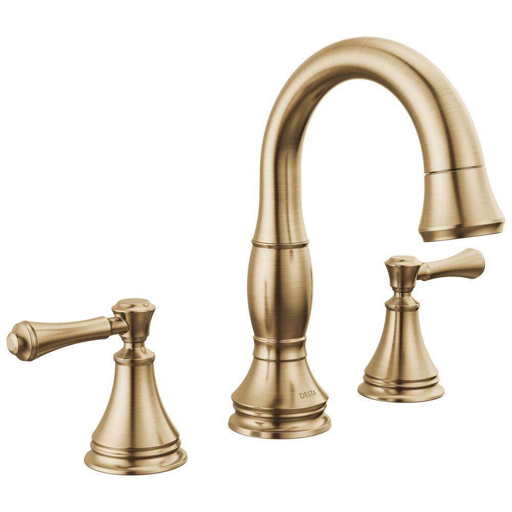DELTA® 3597-CZPD-DST Cassidy™ Widespread Bathroom Faucet, 1.2 gpm, 4-3/4" H Spout, 4 to 16" Center, 2 Handles, Metal Push Pop-Up Drain, Champagne Bronze
