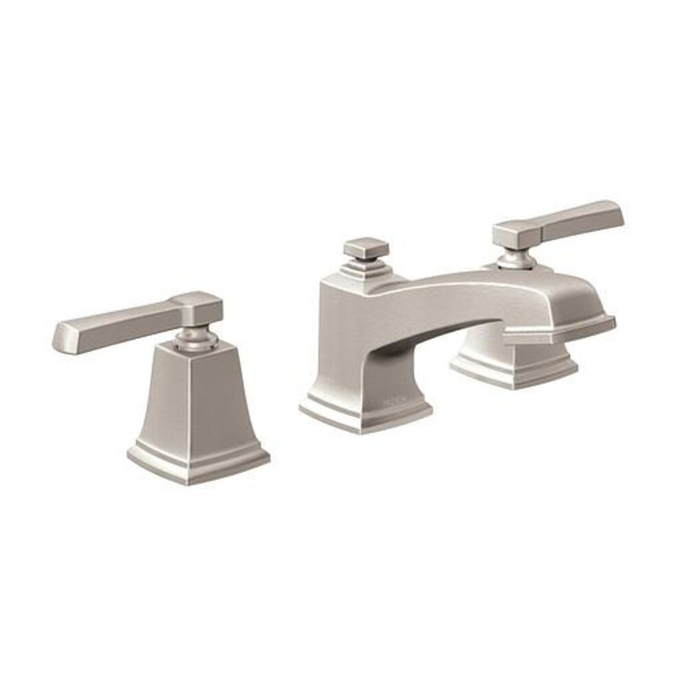 Moen® TV6220SRN Boardwalk™ Low Arc Bathroom Faucet, 1.2 gpm Flow Rate, 2-13/16" H Spout, 8 to 16" Center, 2 Handles, Pop-Up Drain, Spot Resist Brushed Nickel