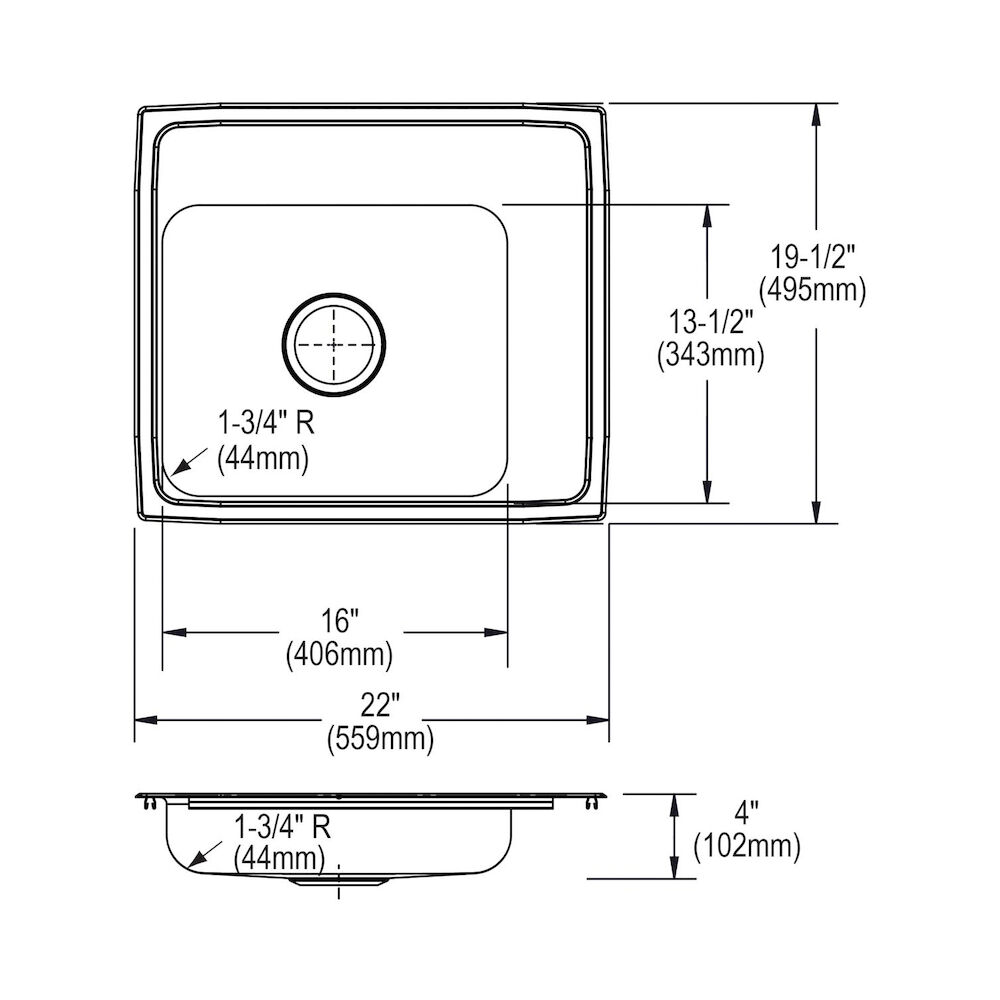 DRKAD222040R0 Classroom Sink, Rectangular, 19-1/2" W x 4" H, Top Mount, 304 Stainless Steel, Lustertone