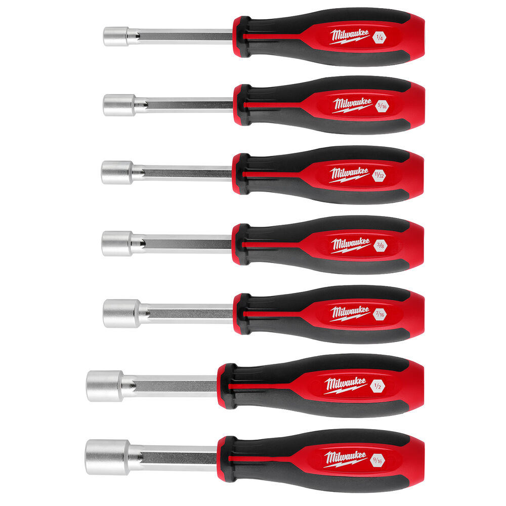 Milwaukee® Tool 48-22-2547 HollowCore™ Magnetic Nut Driver Set, 1/4, 5/16, 11/32, 3/8, 7/16, 1/2, 9/16", 7 Pieces, 10.43" OAL, Forged Steel/Polypropylene, Chrome Plated
