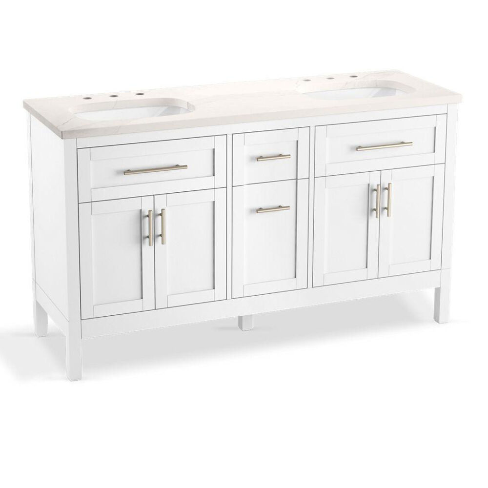 Kohler® 39607-ASB-0 Hadron™ Vanity Cabinet with Sink and Top, Double Basin, Quartz Top, White Cabinet