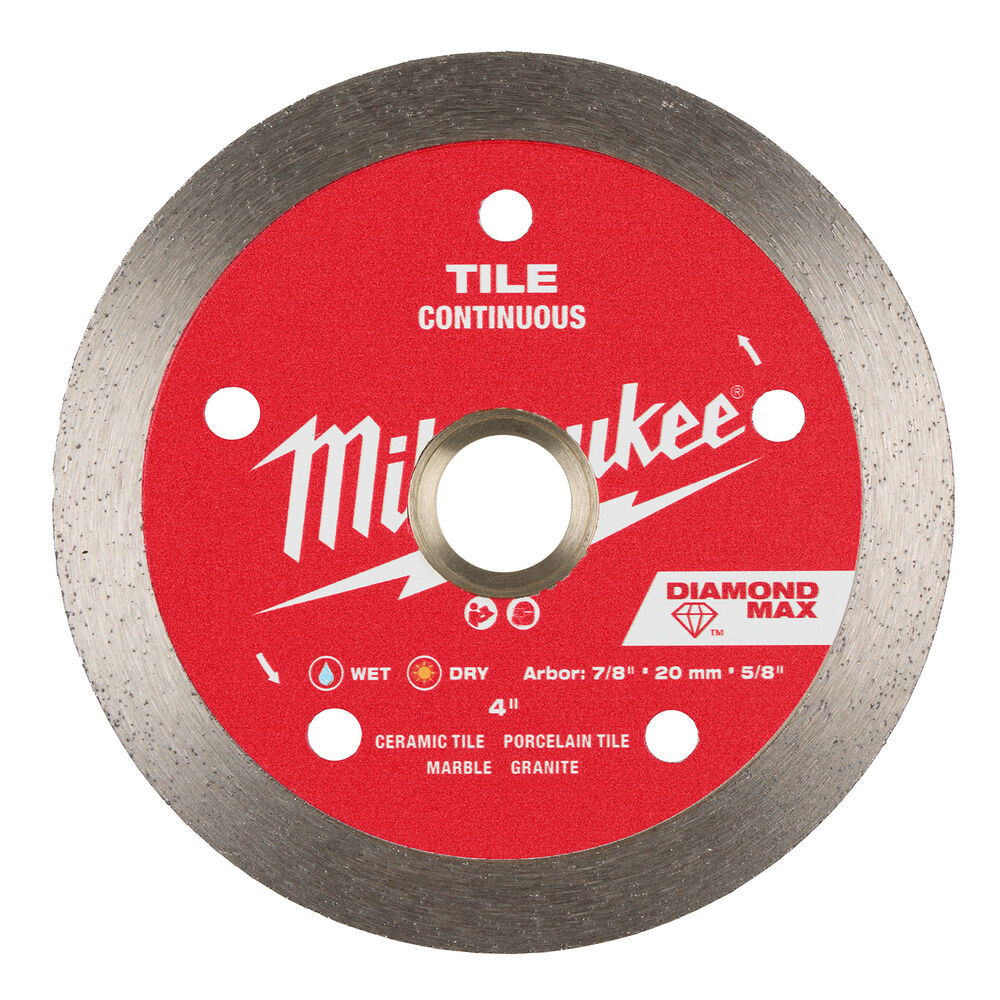 Milwaukee® Tool 49-93-9202 DIAMOND MAX™ Continuous Tile Blades, Wet/Dry, 4" Dia, 7/8"-20MM-5/8" Arbor Size