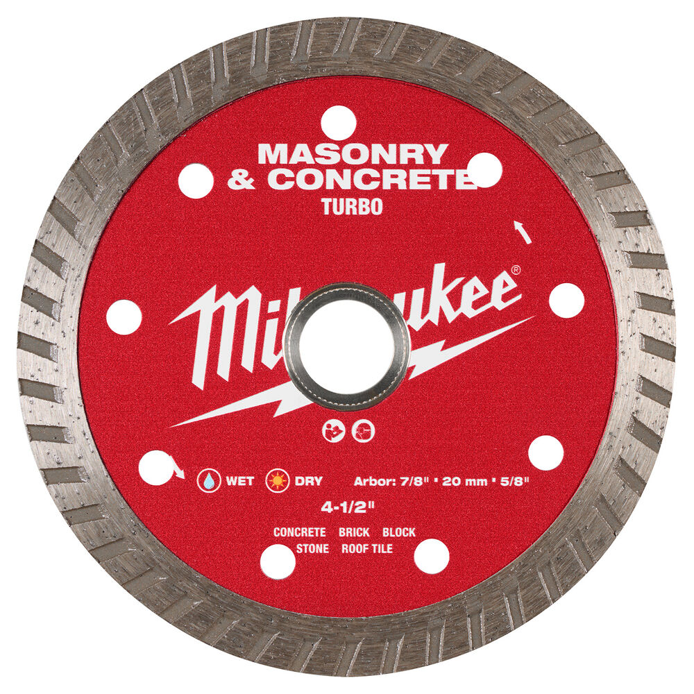 Milwaukee® Tool 49-93-9404 Turbo Masonry & Concrete Blades, Wet/Dry, 4-1/2" Dia, 7/8"-20MM-5/8 Arbor Size