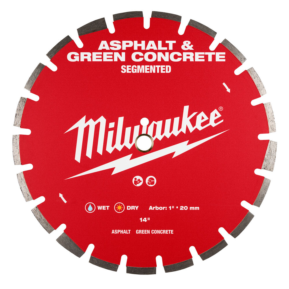 Milwaukee® Tool 49-93-7240 Asphalt & Green Concrete Segmented Blades, 14 in Dia Blade, 1 in, 1/8 in W, Dry/Wet Cutting