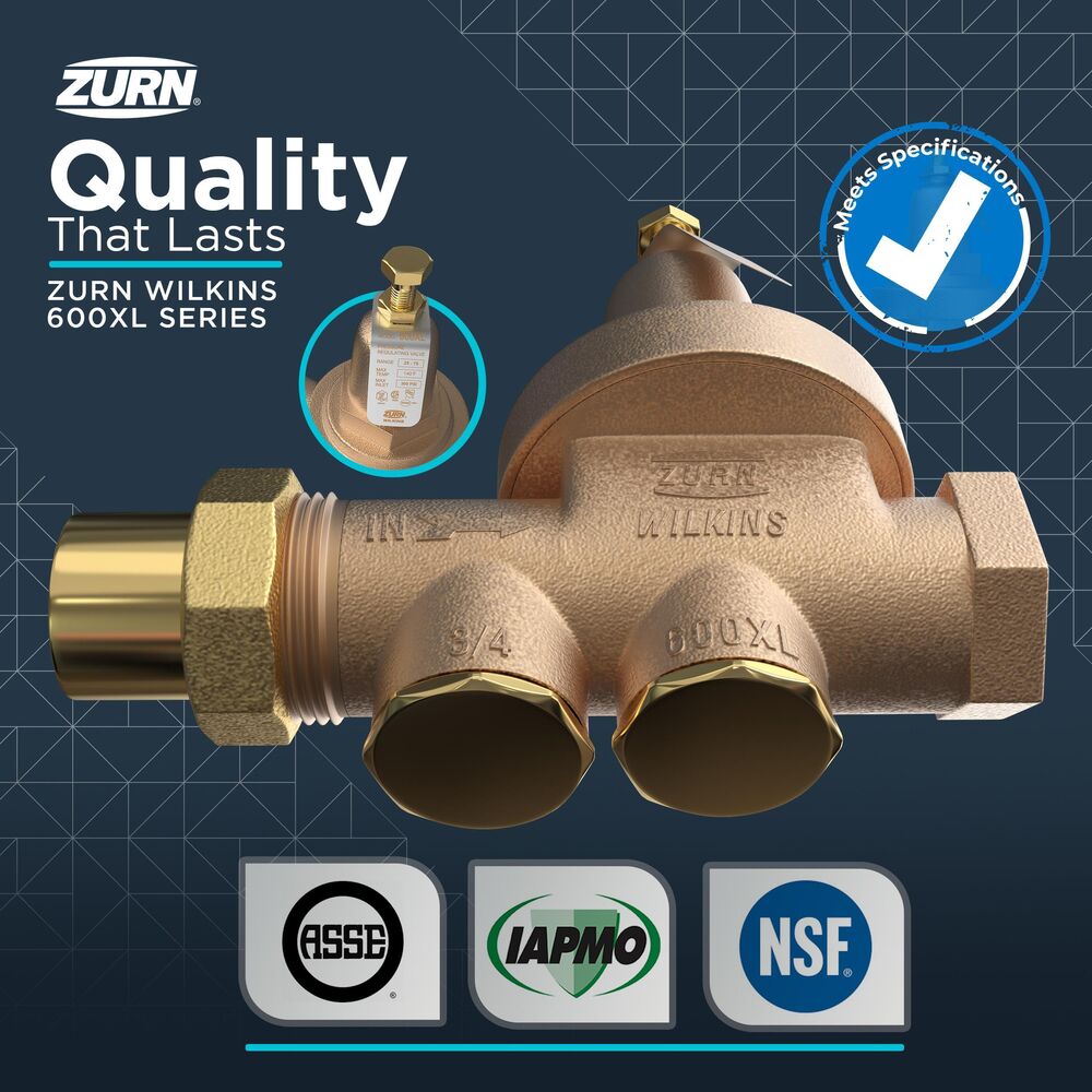 Zurn® Wilkins 34-600XLLPV Bronze Pressure Reducing Valve w/ Integral Bypass Check Valve and Strainer, 3/4", FNPT Union x FNPT, 300 psi