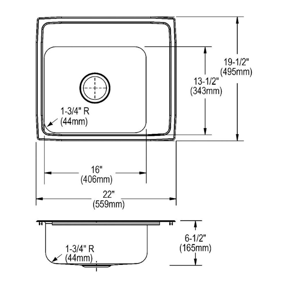 DRKAD222065R3 Lustertone Classroom Sink, Rectangular, Top Mount, Stainless Steel, Lustertone