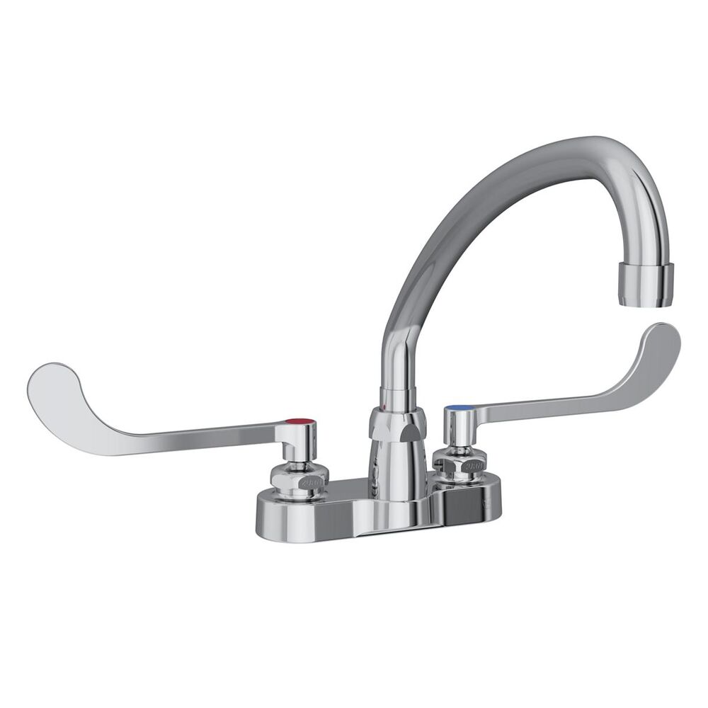 ELKLK406AT10T6 4" Centerset Exposed Deck Faucet, 10" Arc Tube Spout, 6" Wristblade Handles, Brass