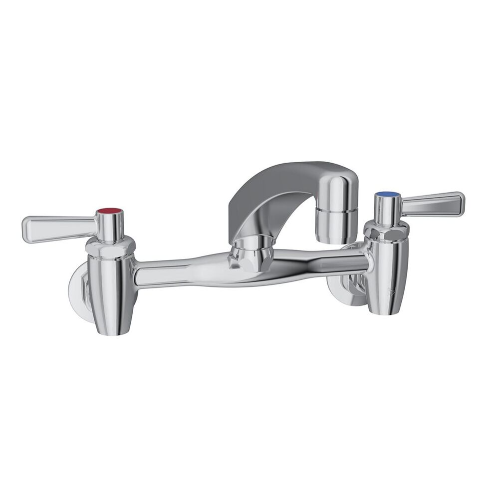 ELKLK940AT08T4H Foodservice 8" ADA Centerset Wall Mount Faucet w/ 8" Arc Tube Spout, 4" Wristblade Handles 1/2" Offset Inlets, Brass
