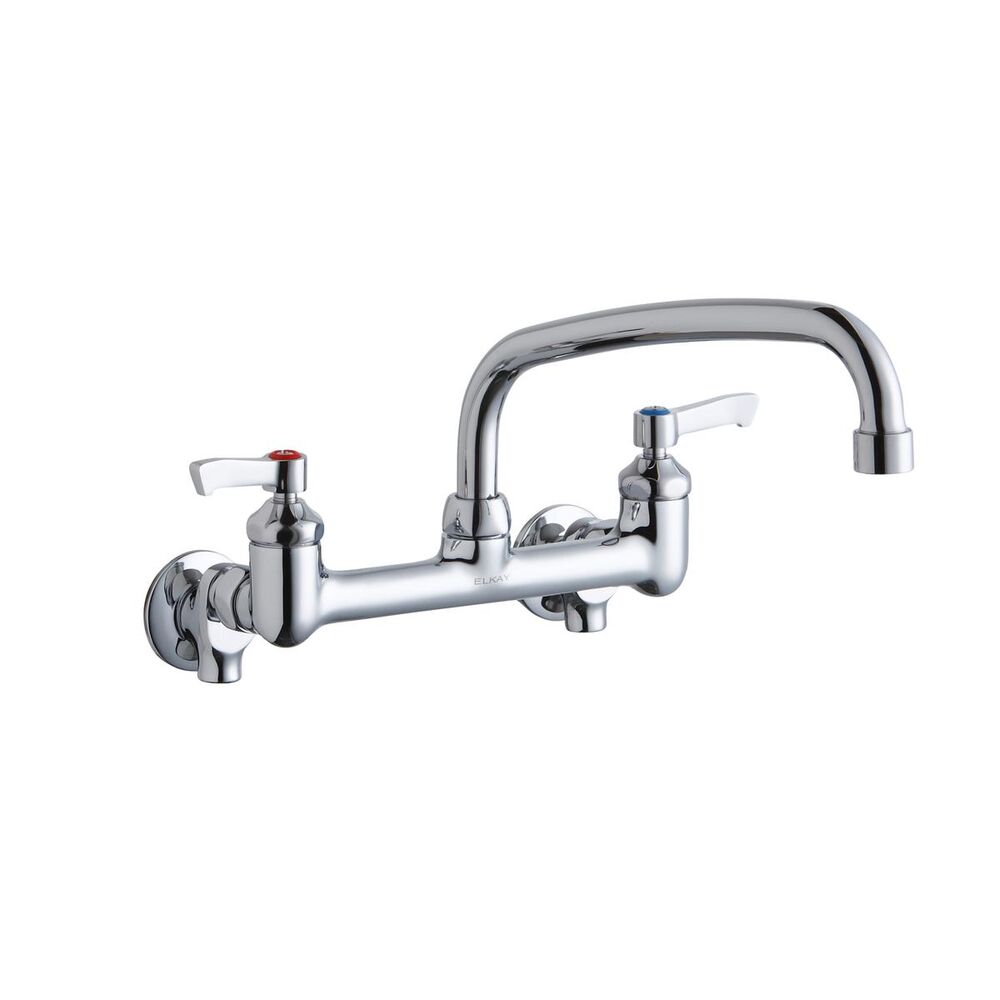 ELKLK940AT10L2S Foodservice 8" Centerset Wall Mount Faucet w/ 10" Arc Tube Spout, 2" Lever Handles 1/2" Offset Inlets+Stop, Brass