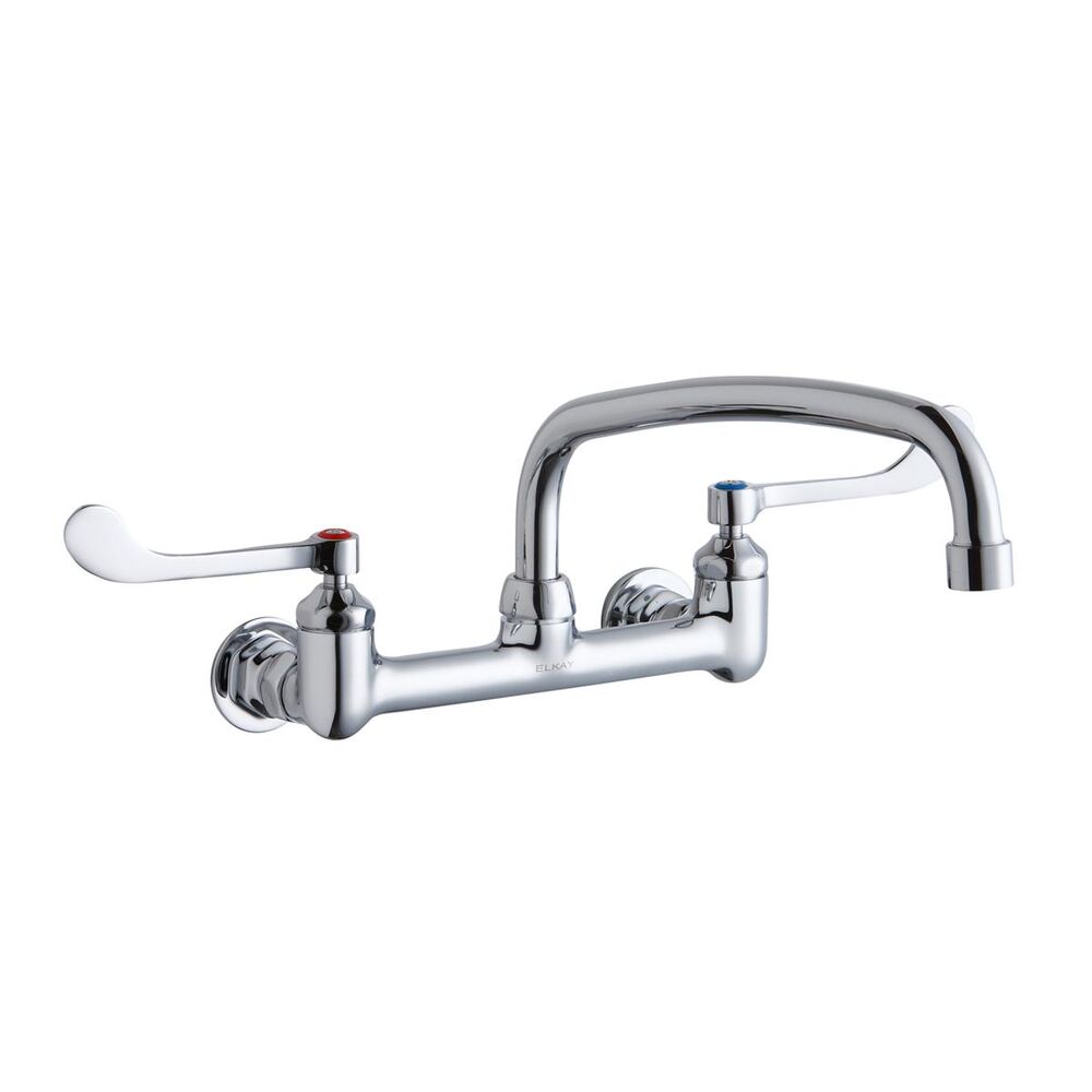ELKLK940AT12T6H Foodservice 8" Centerset Wall Mount Faucet w/ 12" Arc Tube Spout, 6" Wristblade Handles 1/2" Offset Inlets, Brass
