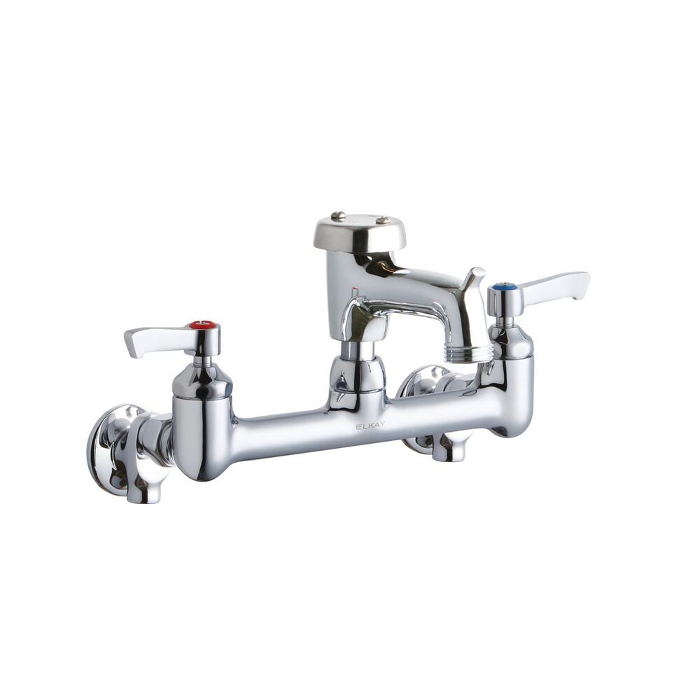 ELKLK940BP03L2S 8" Centerset Wall Mount Faucet w/ 3" Bucket Hook Spigot, 2" Lever Handles, 1/2" Offset Inlets+Stop, Brass, Polished Chrome