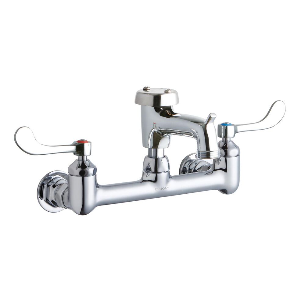 ELKLK940BP03T4H 8" Centerset Wall Mount Faucet w/ 3" Bucket Hook Spigot, 4" Wristblade Handles, 1/2" Offset Inlet, Brass, Polished Chrome