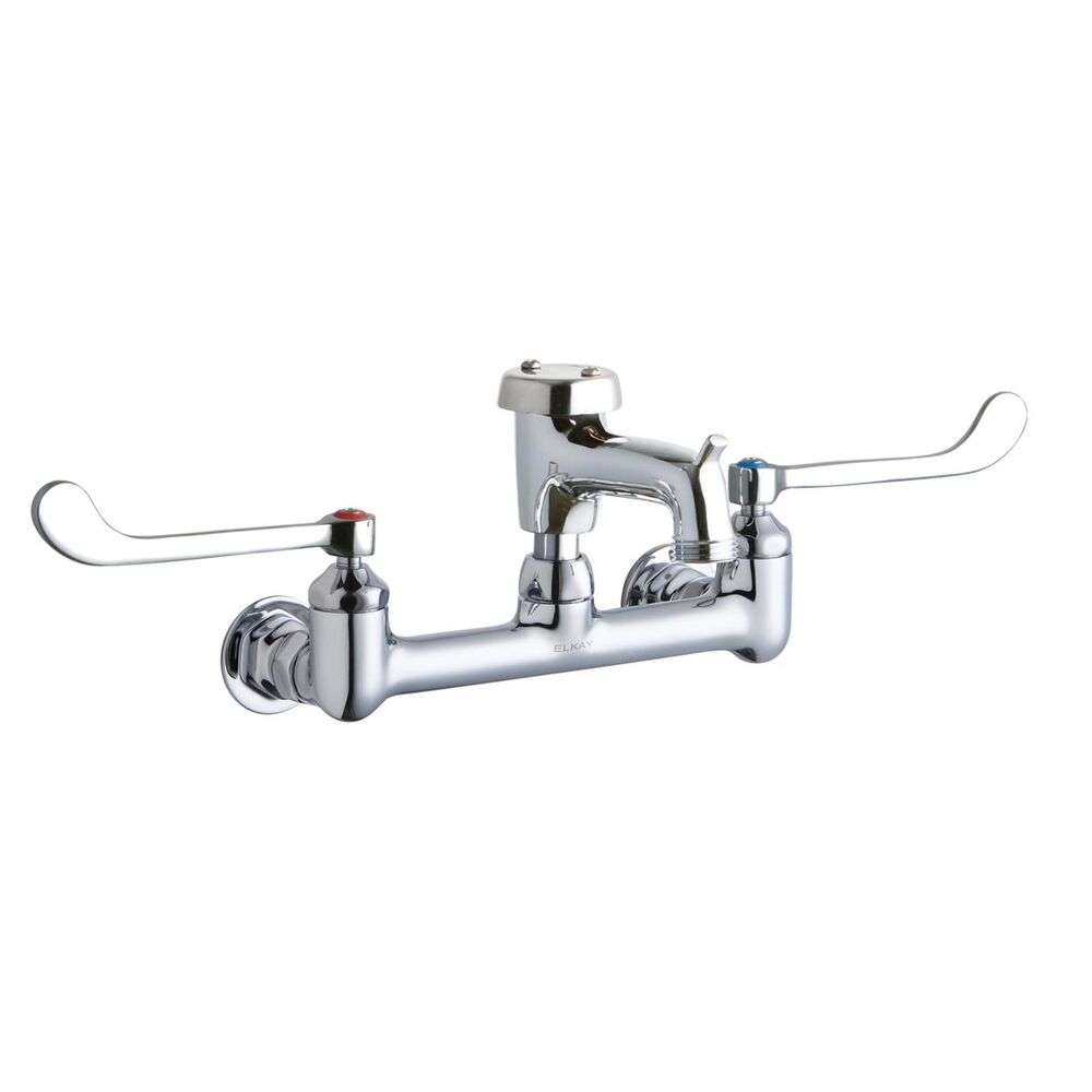 ELKLK940BP03T6H 8" Centerset Wall Mount Faucet w/ 3" Bucket Hook Spout, 6" Wristblade Handles, 1/2" Offset Inlet, Brass, Polished Chrome
