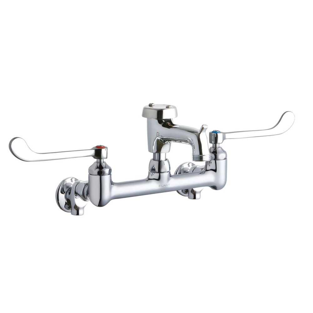ELKLK940BP03T6S 8" Centerset Wall Mount Faucet w/ 3" Bucket Hook Spigot, 6" Wristblade Handles, 1/2" Offset Inlets+Stop, Brass, Polished Chrome