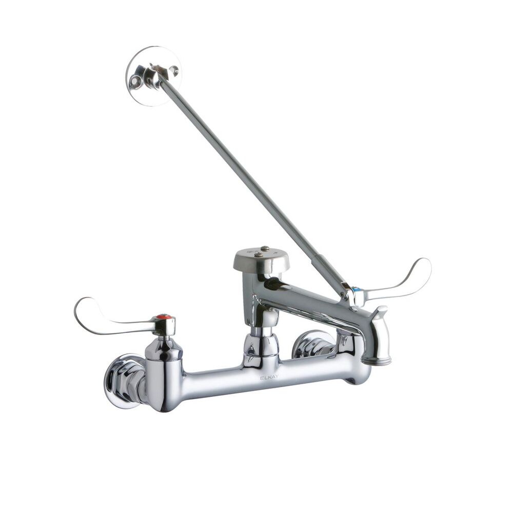 ELKLK940BP07T4H 8" Centerset Wall Mount Faucet w/ 7" Bucket Hook Spigot, 4" Wristblade Handles, 1/2" Offset Inlet, Brass, Polished Chrome