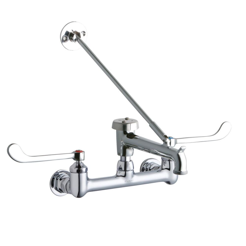 ELKLK940BP07T6H 8" Centerset Wall Mount Faucet w/ 7" Bucket Hook Spigot, 6" Wristblade Handles, 1/2" Offset Inlet, Brass, Polished Chrome