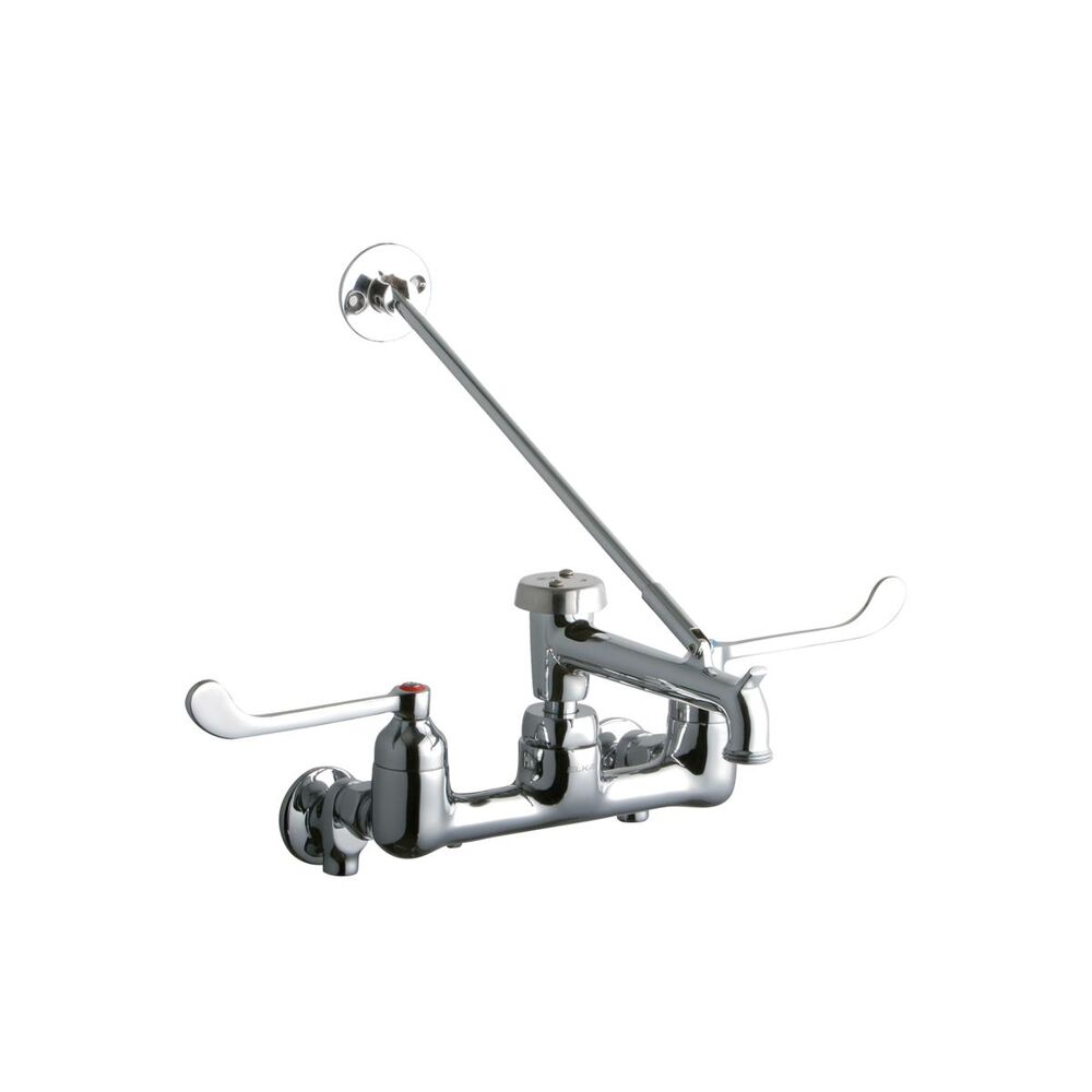 ELKLK940BP07T6S 8" Centerset Wall Mount Faucet 7" Bucket Hook Spout, 6" Wristblade Handle, 1/2" Offset Inlets+Stop, Brass, Polished Chrome