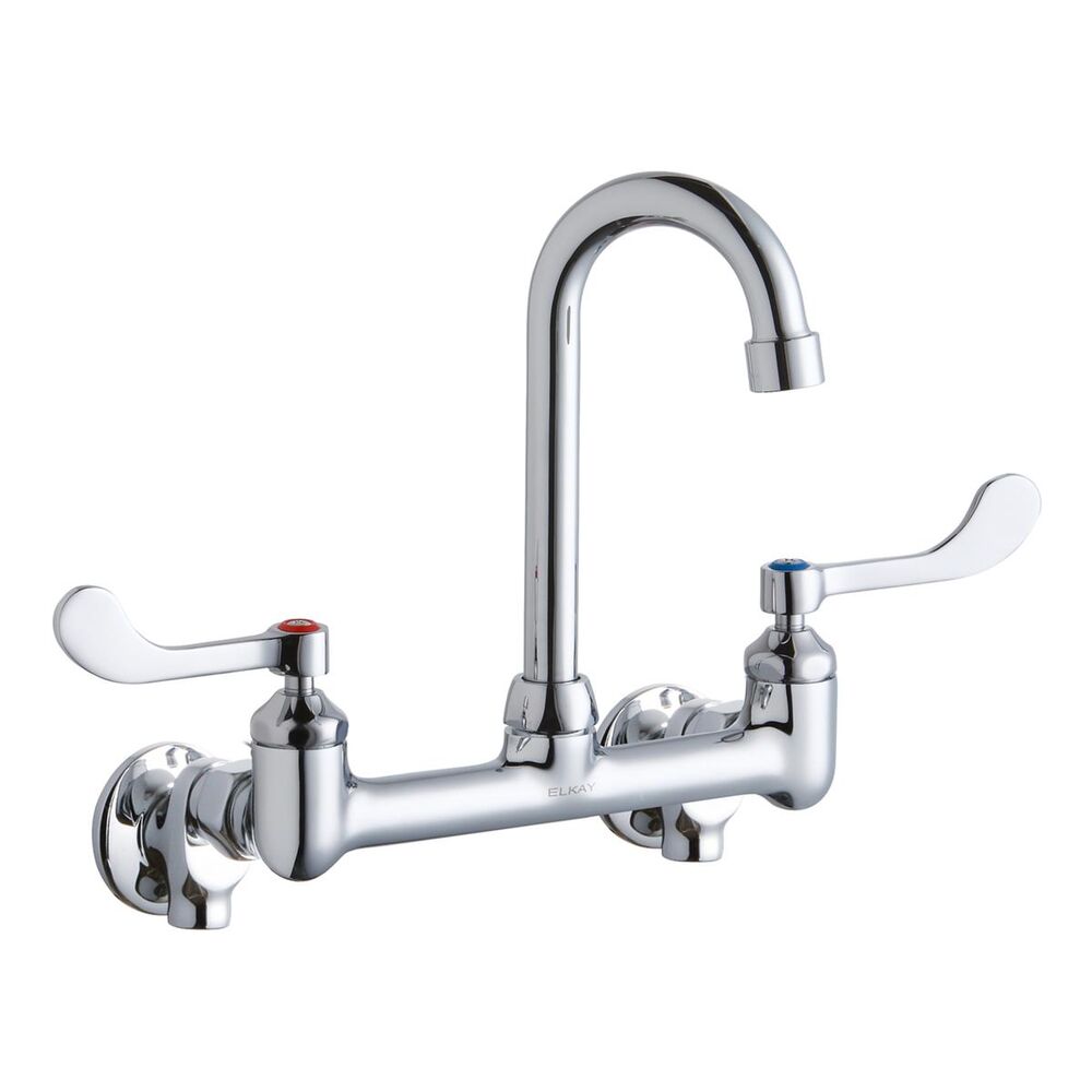 ELKLK940GN04T4S Scrub/Handwash 8" Centerset Wall Mount Faucet w/ 4" Gooseneck Spout, 4" Wristblade Handle 1/2" Offset Inlets+Stop, Brass