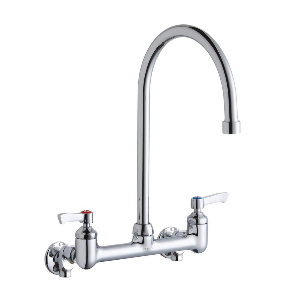 ELKLK940GN08L2S Scrub/Handwash 8" Centerset Wall Mount Faucet w/ 8" Gooseneck Spout, 2" Lever Handles 1/2" Offset Inlets+Stop, Brass