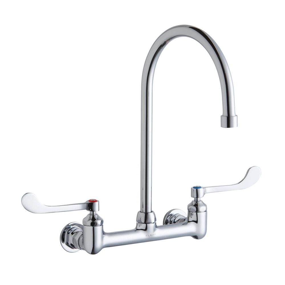 ELKLK940GN08T6H Scrub/Handwash 8" ADA Centerset Wall Mount Faucet w/ 8" Gooseneck Spout, 6" Wristblade Handles 1/2" Offset Inlet, Brass