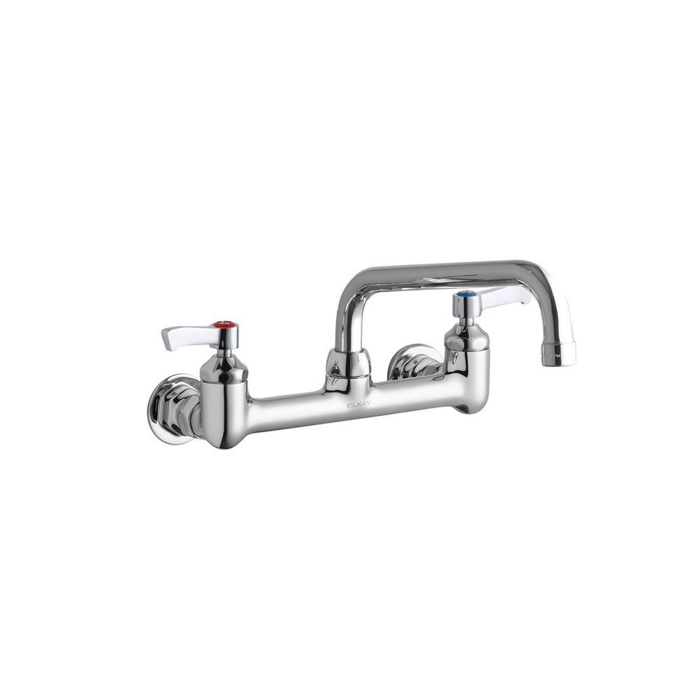 ELKLK940TS08L2H Foodservice 8" Centerset Wall Mount Faucet w/ 8" Tube Spout, 2" Lever Handles, 1/2" Offset Inlets, Brass, Chrome