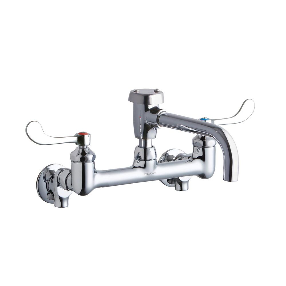 ELKLK940VS07T4S Service/Utility 8" ADA Centerset Wall Mount Faucet w/ 7" Vented Spigot 4" Wristblade Handles 1/2" Offset Inlets+Stop, Brass