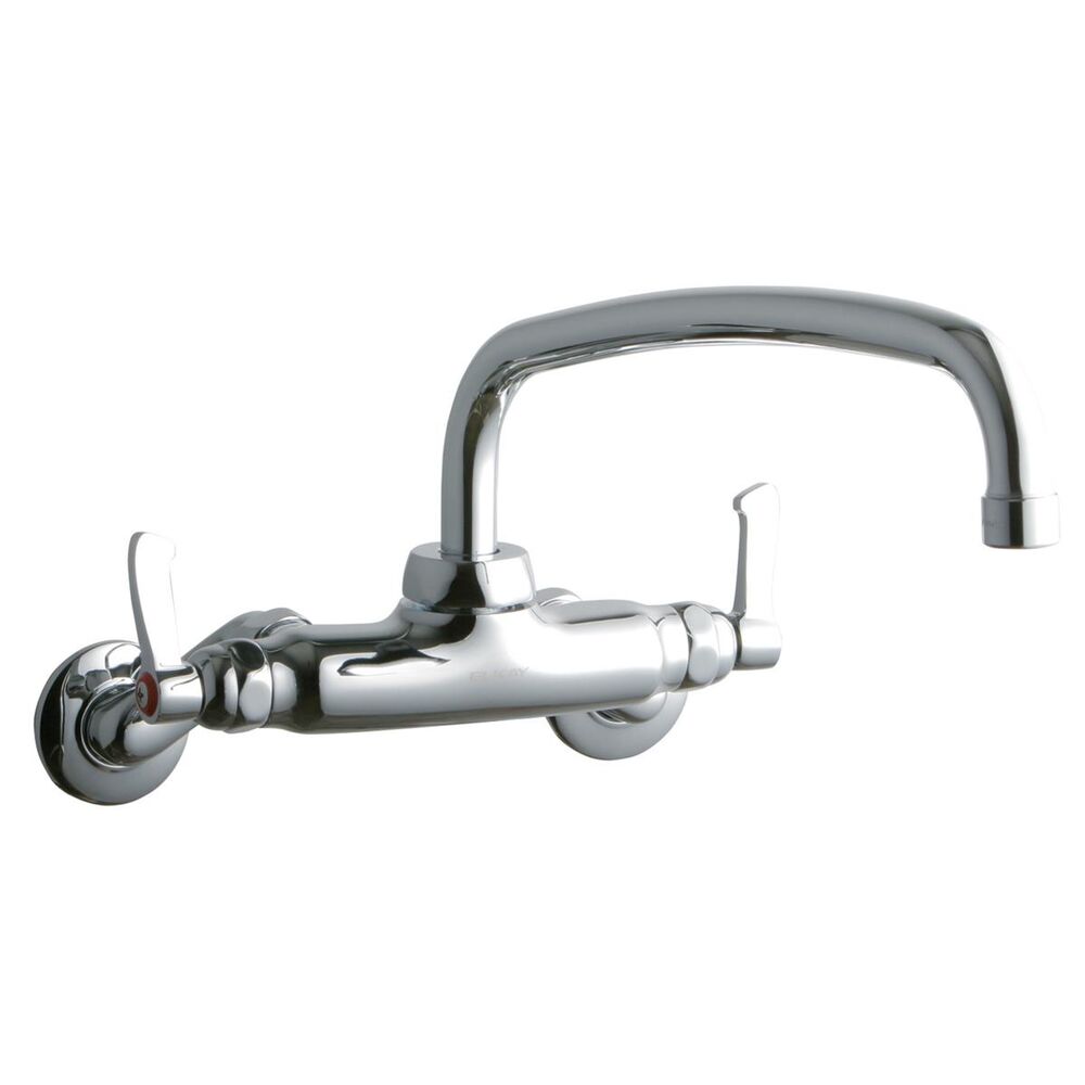 ELKLK945AT12L2T Foodservice 3-8" Adjustable Centers Wall Mount Faucet w/ 12" Arc Tube Spout, 2" Lever Handles, 2" Inlet, Brass, Chrome