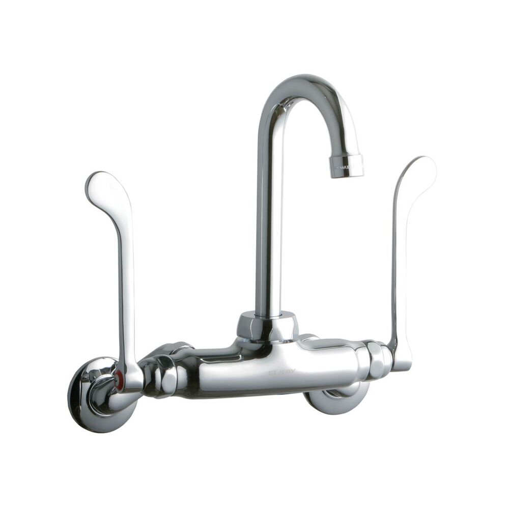 ELKLK945GN04T6T Foodservice 3-8" Adjustable Centers Wall Mount Faucet w/ 4" Gooseneck Spout, 6" Wristblade Handles 2" Inlet, Brass