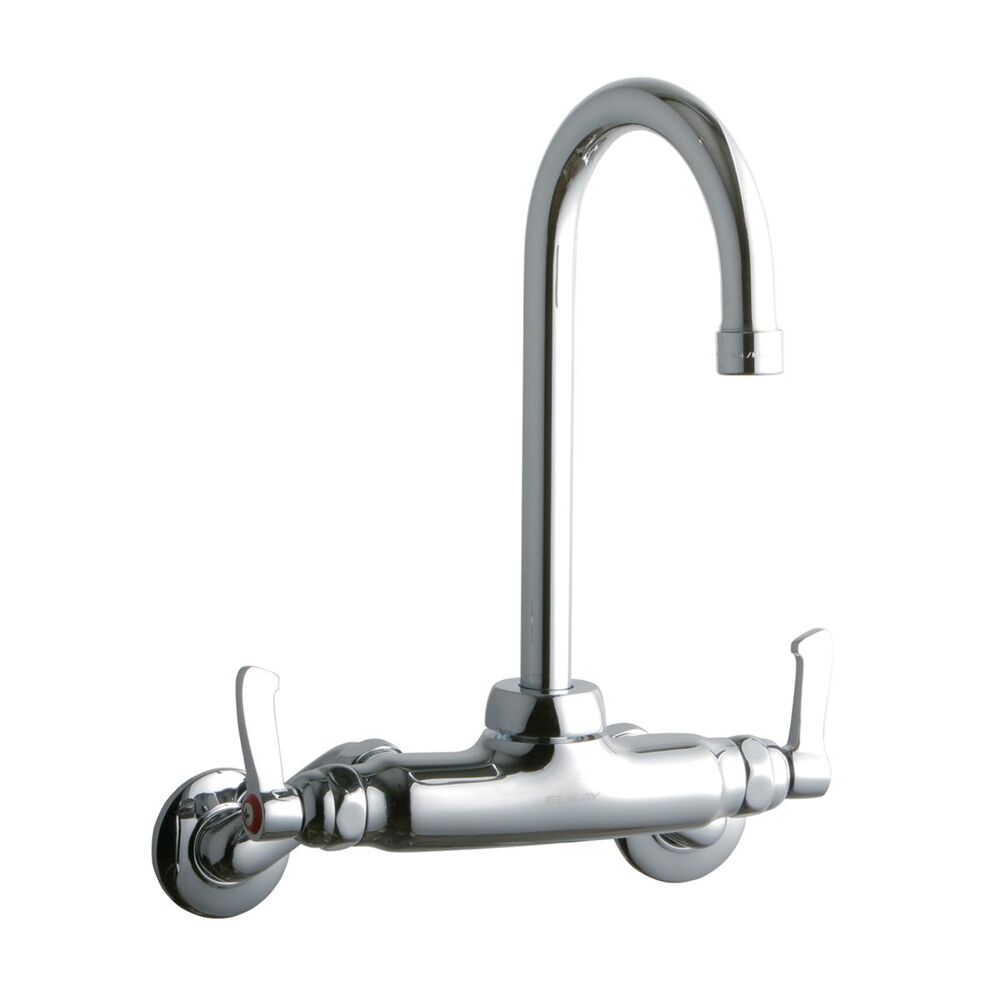 ELKLK945GN05L2T Foodservice 3-8" Adjustable Centers Wall Mount Faucet w/ 5" Gooseneck Spout, 2" Lever Handles, 2" Inlet, Brass, Chrome
