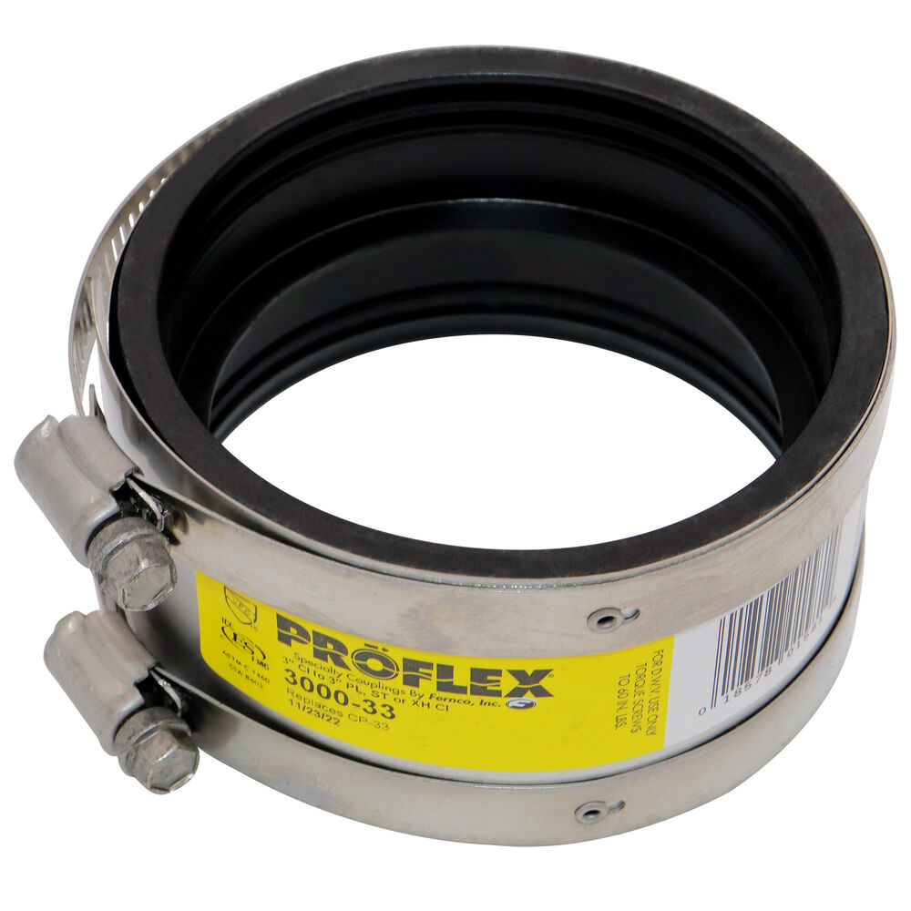 Fernco® PROFLEX® 3000-33 Shielded Pipe Coupling, 3", Cast IronxPlastic/Steel/XH Cast Iron, PVC, Domestic