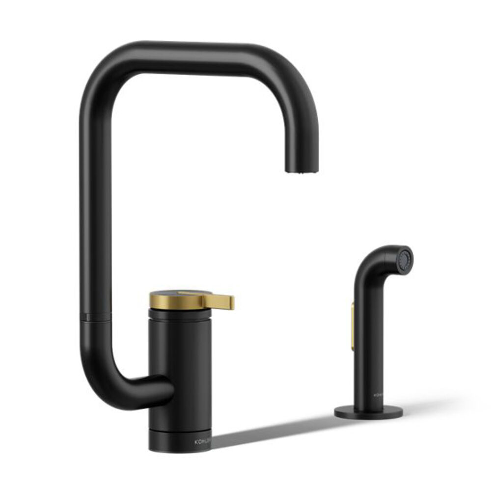K-28274-BMB Components® Single-Handle Kitchen Faucet w/ two-Function extended-reach Spout and side Sprayer, Matte Black w/ Brushed Moderne Brass