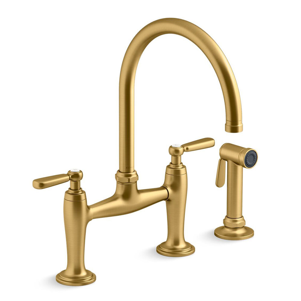 K-28356-2MB Edalyn™ by Studio McGee Two-Hole Bridge Kitchen Faucet w/ side Sprayer, Vibrant Brushed Moderne Brass