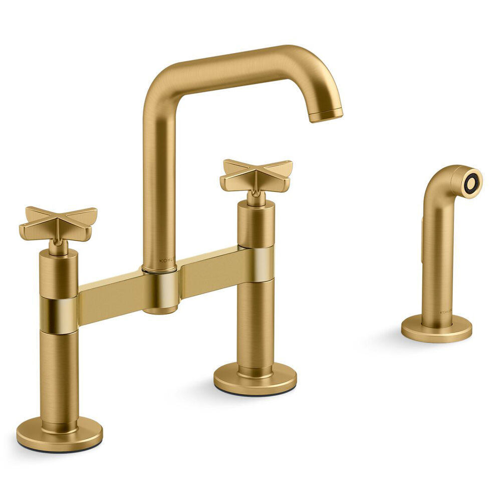 K-28665-3-2MB Billet™ Two-Hole Bridge Kitchen Faucet w/ side Sprayer, Vibrant Brushed Moderne Brass