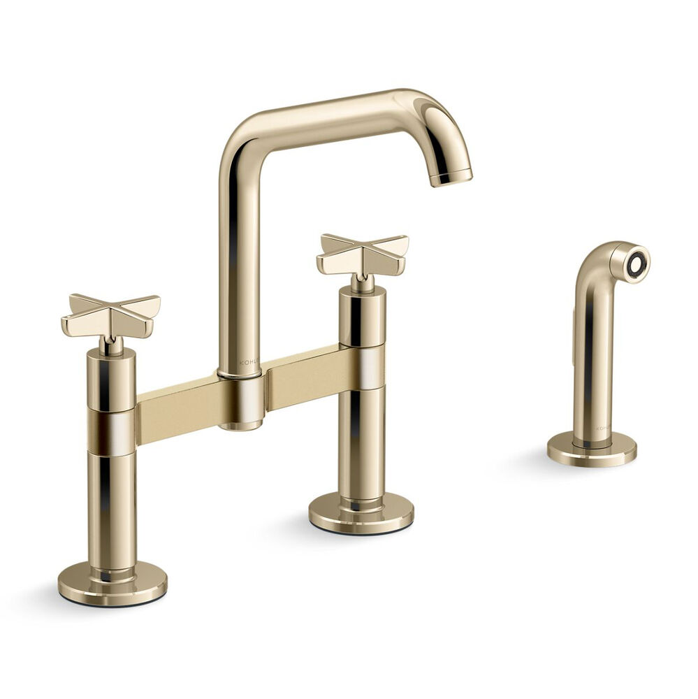 K-28665-3-AF Billet™ Two-Hole Bridge Kitchen Faucet w/ side Sprayer, Vibrant French Gold